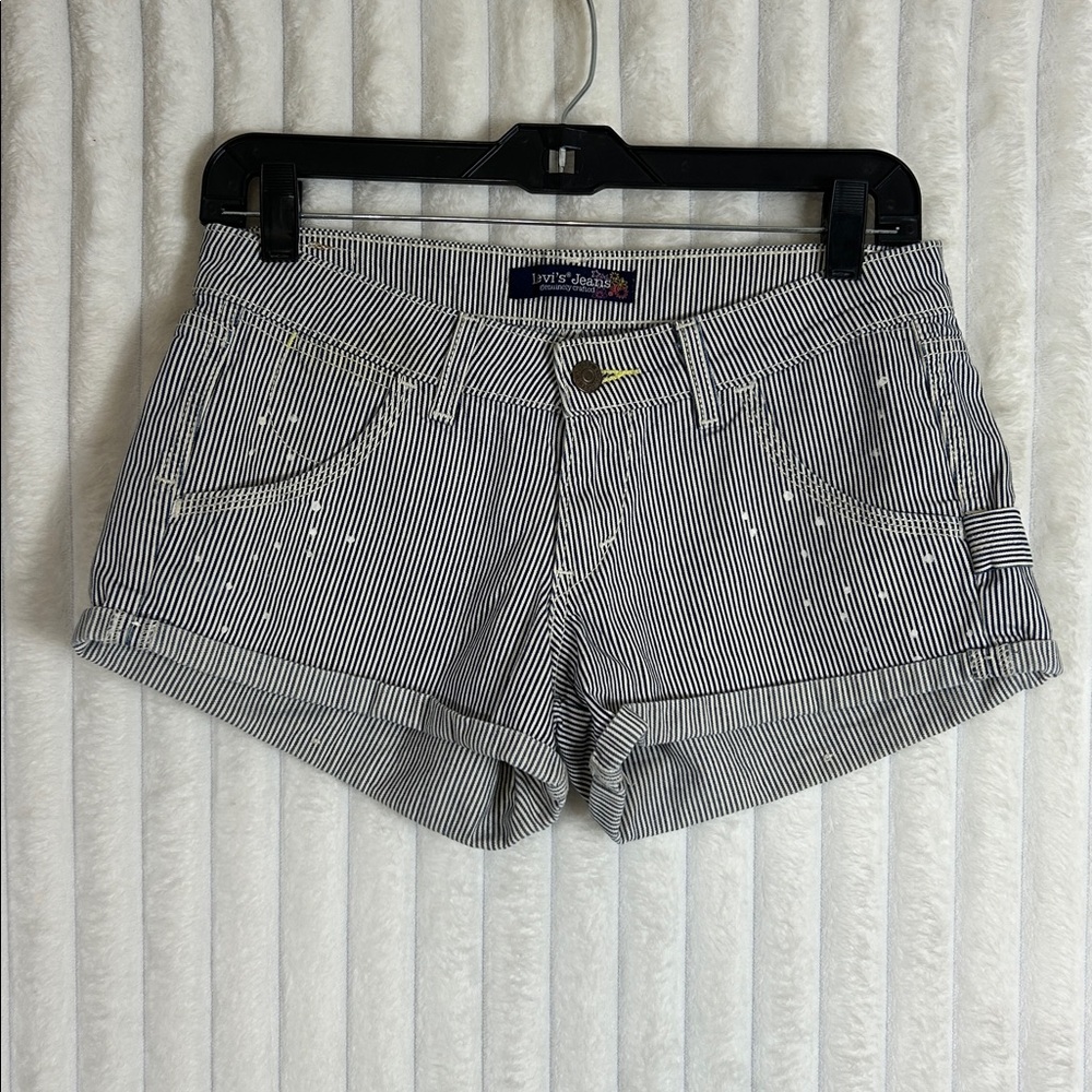 Y2K Levi's  pinstripe paint splatters low rise carpenter cuffed short shorts 3